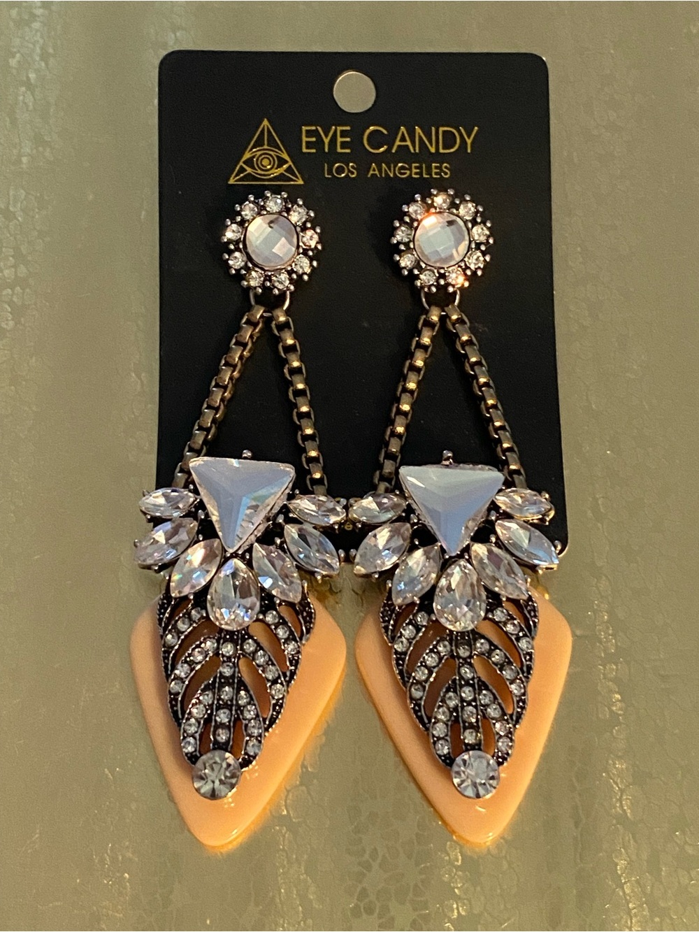 NWT Eye Candy Peach Crystal Drop Earrings, Fancy Statement Bold
